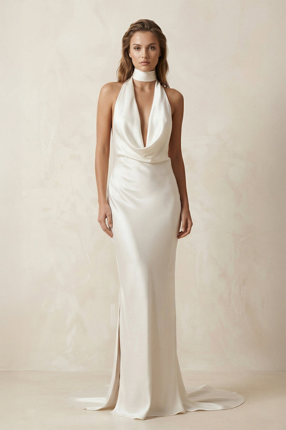 V - Neck Satin Sheath Wedding Dress With Side Slit in Ivory - SHE IS ME Wedding Dresses