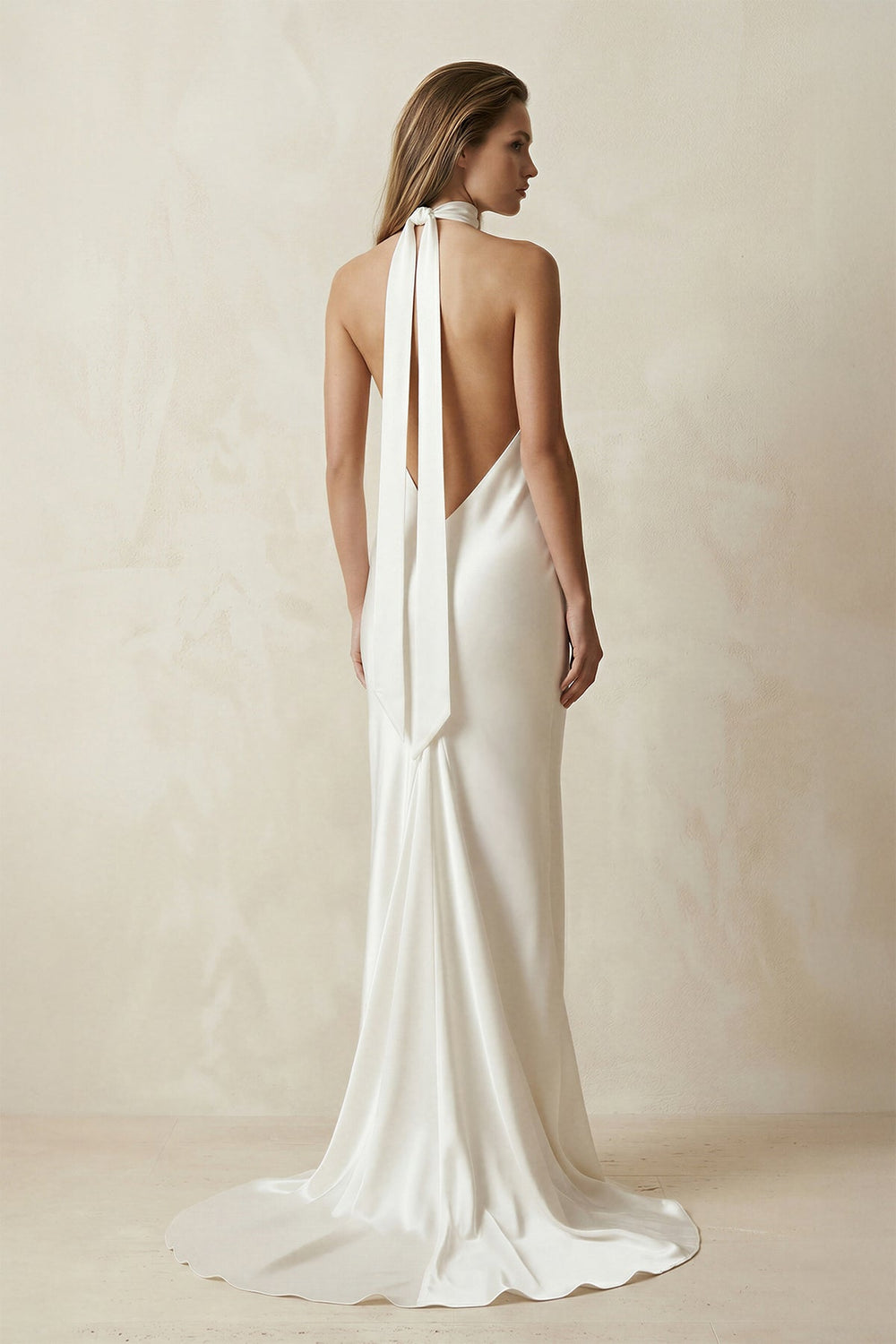 V - Neck Satin Sheath Wedding Dress With Side Slit in Ivory - SHE IS ME Wedding Dresses