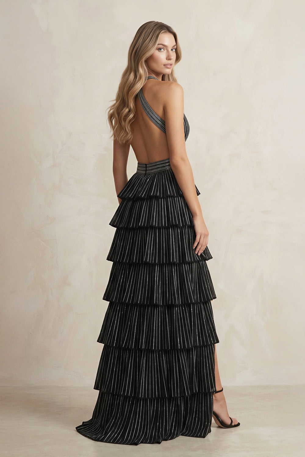 V - Neck Sequins Cut - Out Tiered Long Prom Dress in Black - SHE IS ME Prom Dresses