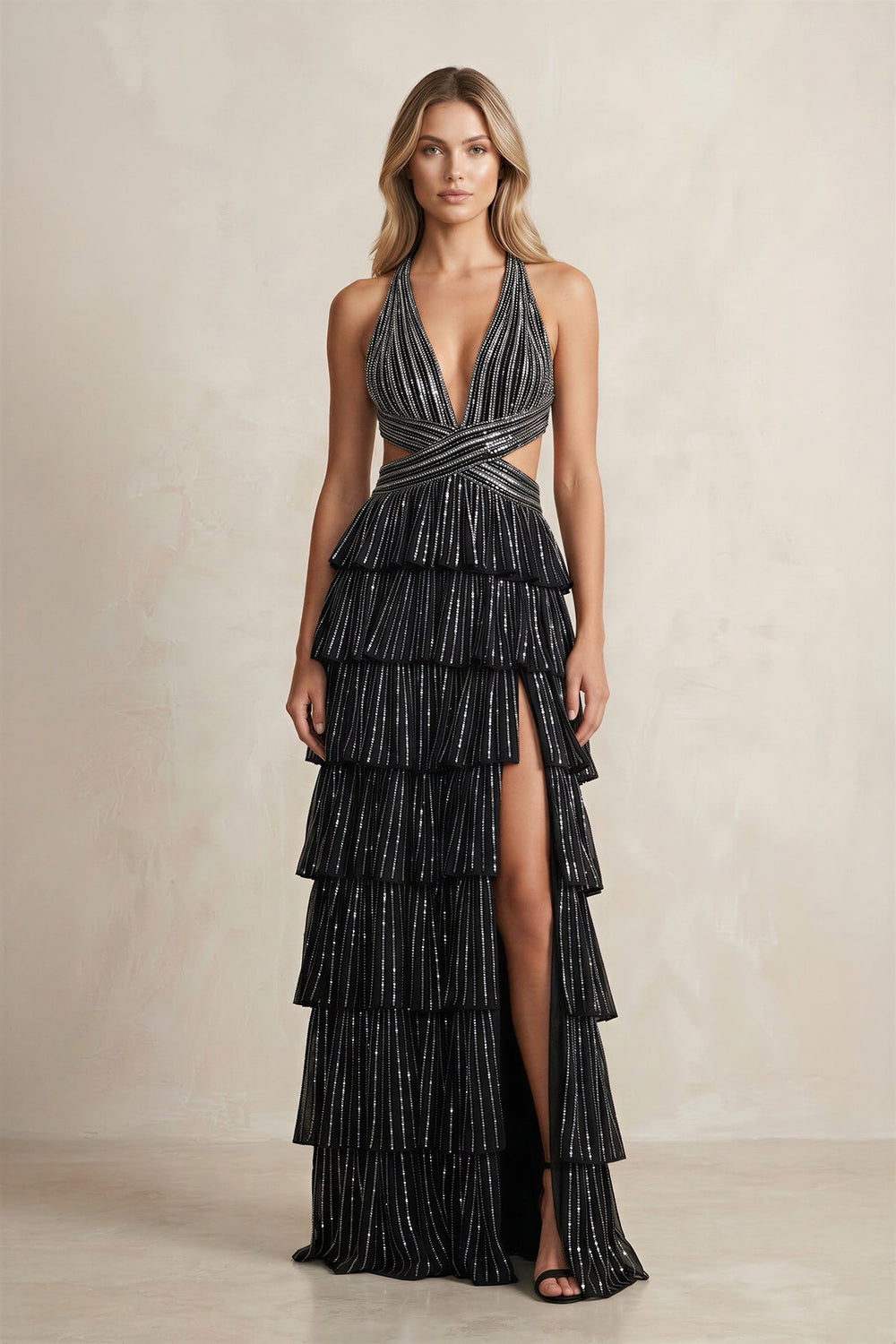 V - Neck Sequins Cut - Out Tiered Long Prom Dress in Black - SHE IS ME Prom Dresses