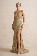 V Neck Sequins Maxi Dress With Slit in Champagne