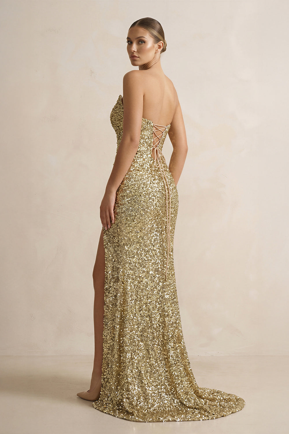 V Neck Sequins Maxi Dress With Slit in Champagne