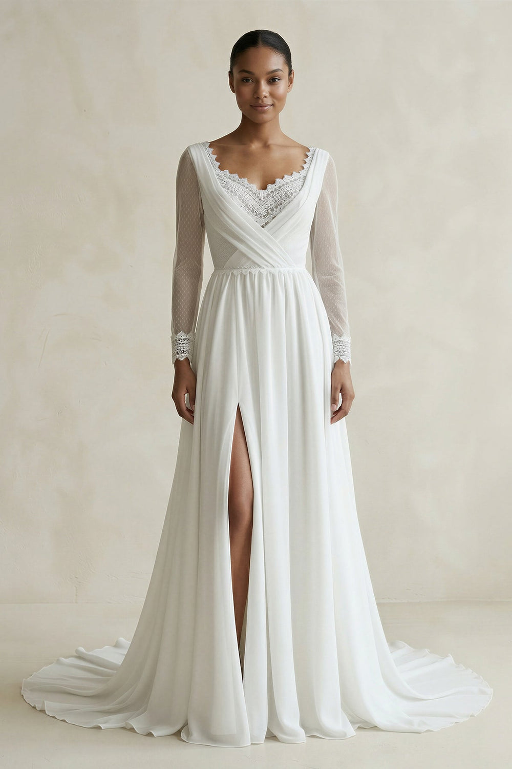 V Neck Sheath Chiffon Long Sleeves Wedding Dress With Slit in White - SHE IS ME Wedding Dresses