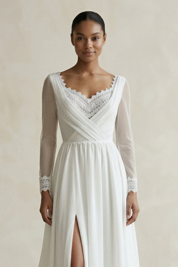 V Neck Sheath Chiffon Long Sleeves Wedding Dress With Slit in White - SHE IS ME Wedding Dresses