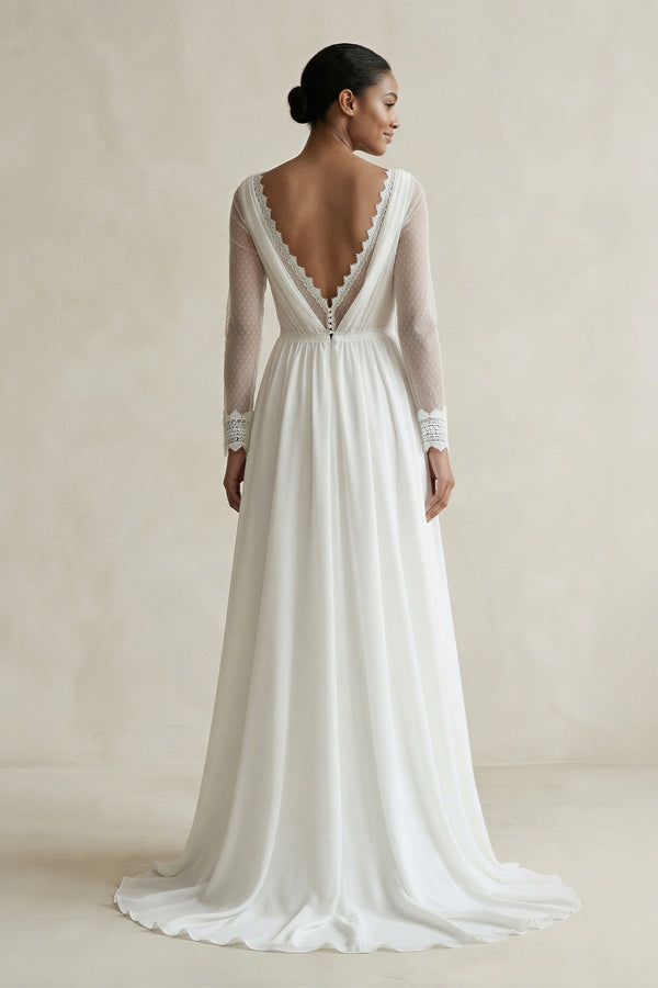 V Neck Sheath Chiffon Long Sleeves Wedding Dress With Slit in White - SHE IS ME Wedding Dresses