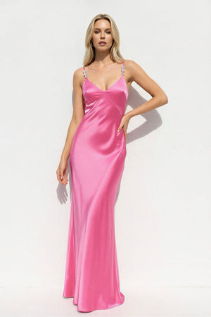 V Neck Sheath Maxi Dress With Beading in BonBon Pink - SHE IS ME PROM DRESSES