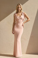 V Neck Sheath Maxi Dress With Bow in Pink - SHE IS ME