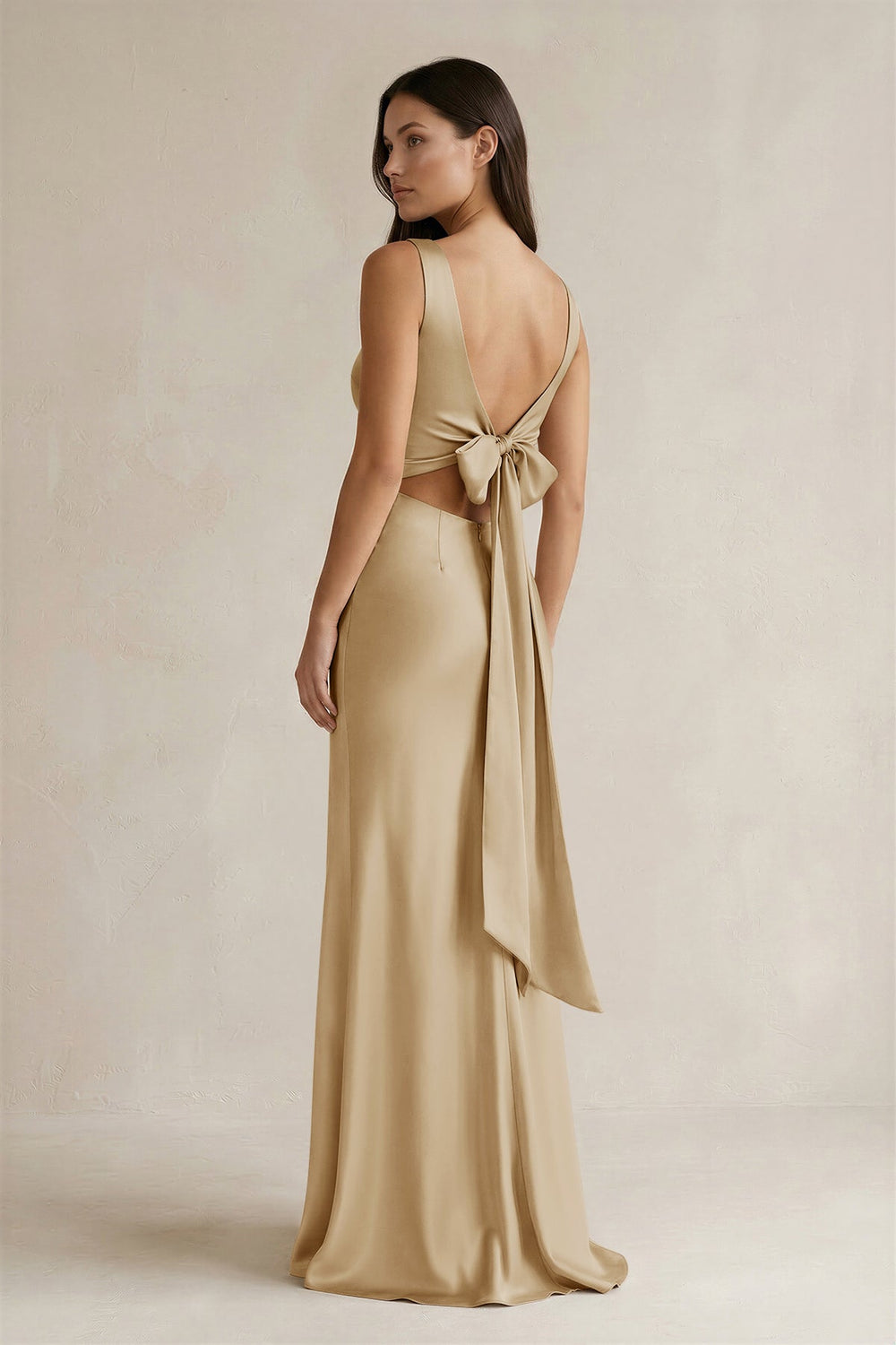 V - neck Sheath Satin Bridesmaid Dress With Back Bow in Champagne - SHE IS ME Bridesmaid Dresses