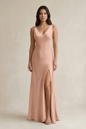 V - neck Sheath Satin Bridesmaid Dress With Back Bow in Champagne Rose - SHE IS ME Bridesmaid Dresses