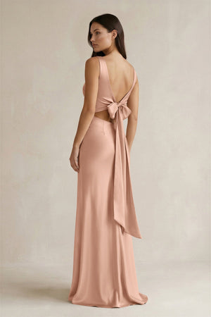 V - neck Sheath Satin Bridesmaid Dress With Back Bow in Champagne Rose - SHE IS ME Bridesmaid Dresses