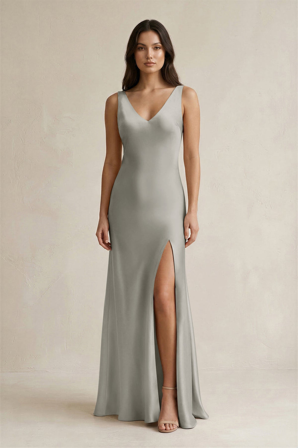 V - neck Sheath Satin Bridesmaid Dress With Back Bow in Silver - SHE IS ME Bridesmaid Dresses