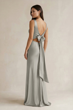 V - neck Sheath Satin Bridesmaid Dress With Back Bow in Silver - SHE IS ME Bridesmaid Dresses