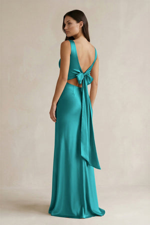 V - neck Sheath Satin Bridesmaid Dress With Back Bow in Turquoise - SHE IS ME Bridesmaid Dresses