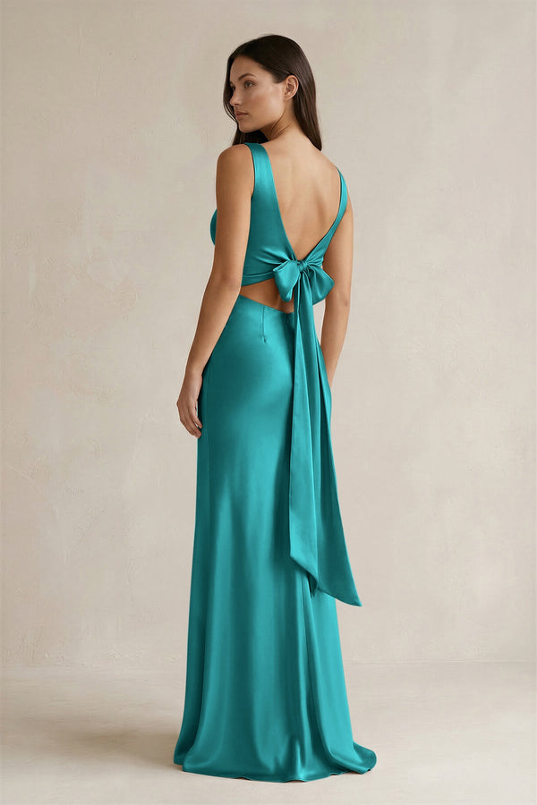 V - neck Sheath Satin Bridesmaid Dress With Back Bow in Turquoise - SHE IS ME Bridesmaid Dresses