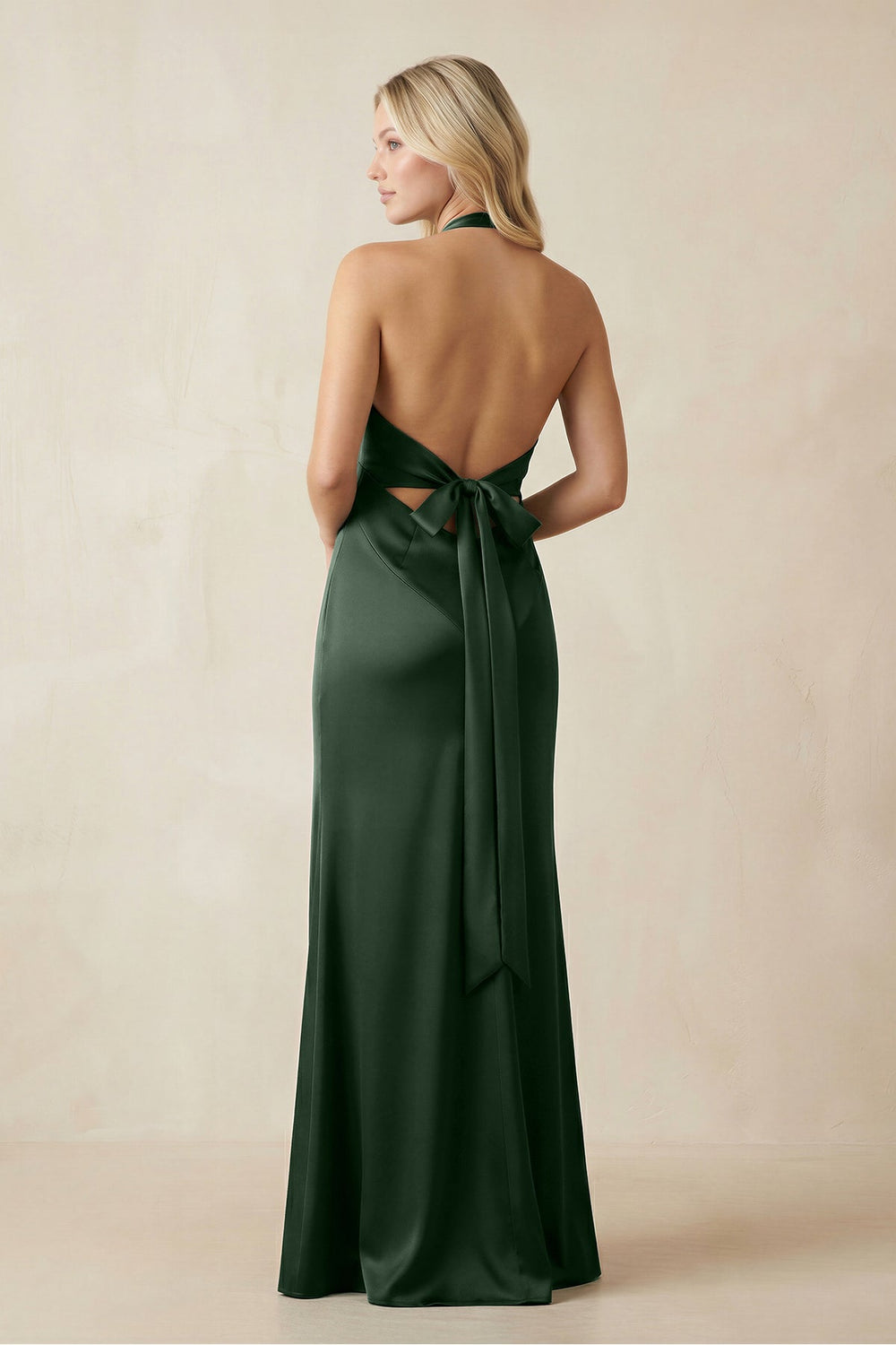 V - Neck Sheath Satin Bridesmaid Dress with Bow in Moss - SHE IS ME Bridesmaid Dresses