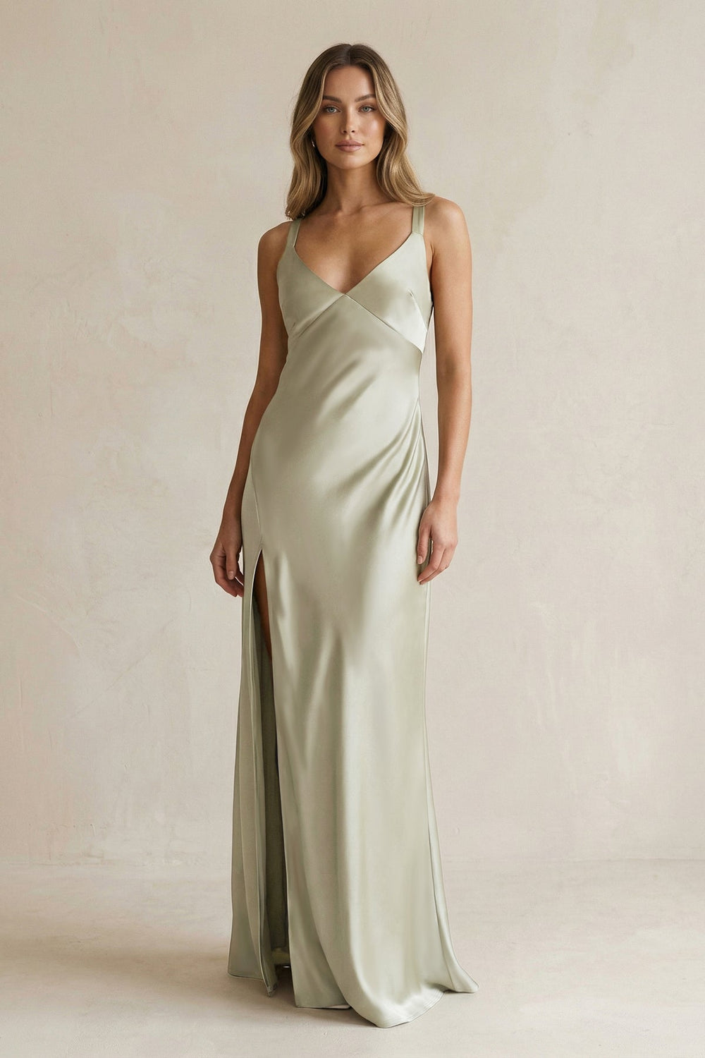 V - Neck Sheath Satin Bridesmaid Dress With Slit in Frost - SHE IS ME Bridesmaid Dresses