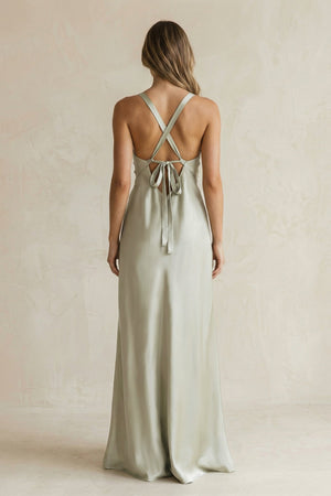 V - Neck Sheath Satin Bridesmaid Dress With Slit in Frost - SHE IS ME Bridesmaid Dresses