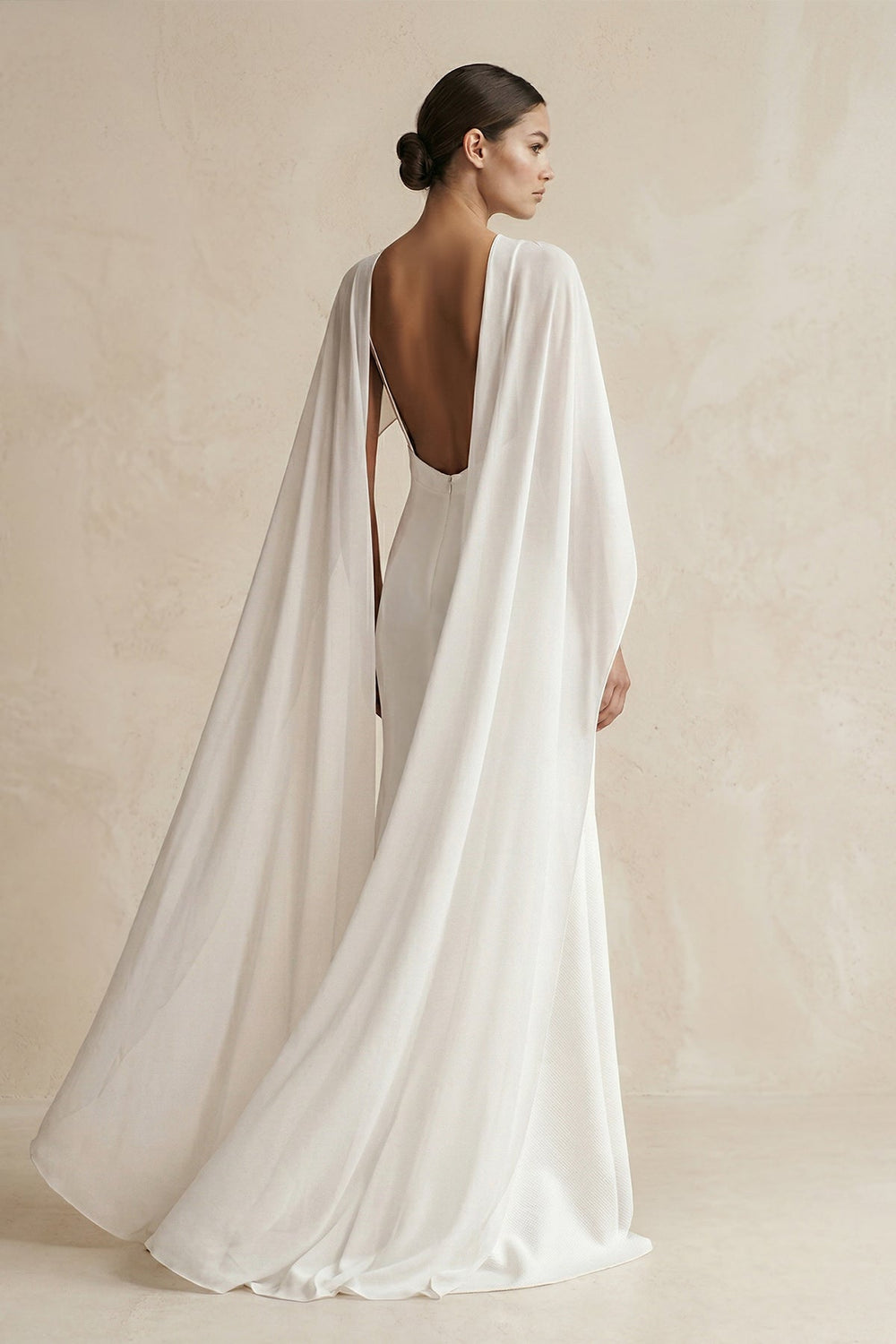 V - neck Sheath Satin Detachable Cape Wedding Dress in White - SHE IS ME Wedding Dresses