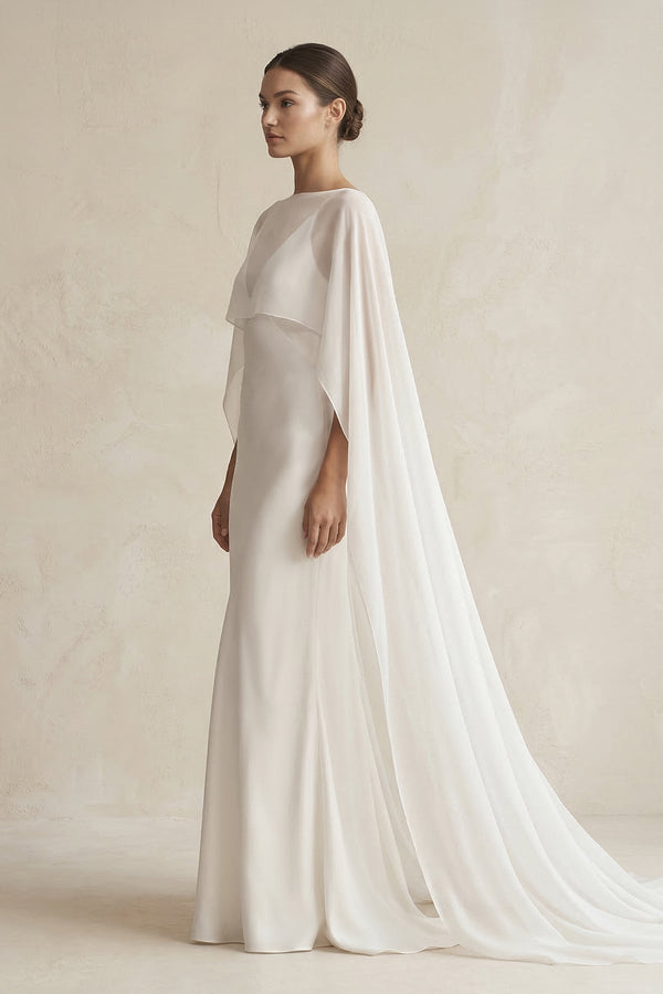 V - neck Sheath Satin Detachable Cape Wedding Dress in White - SHE IS ME Wedding Dresses
