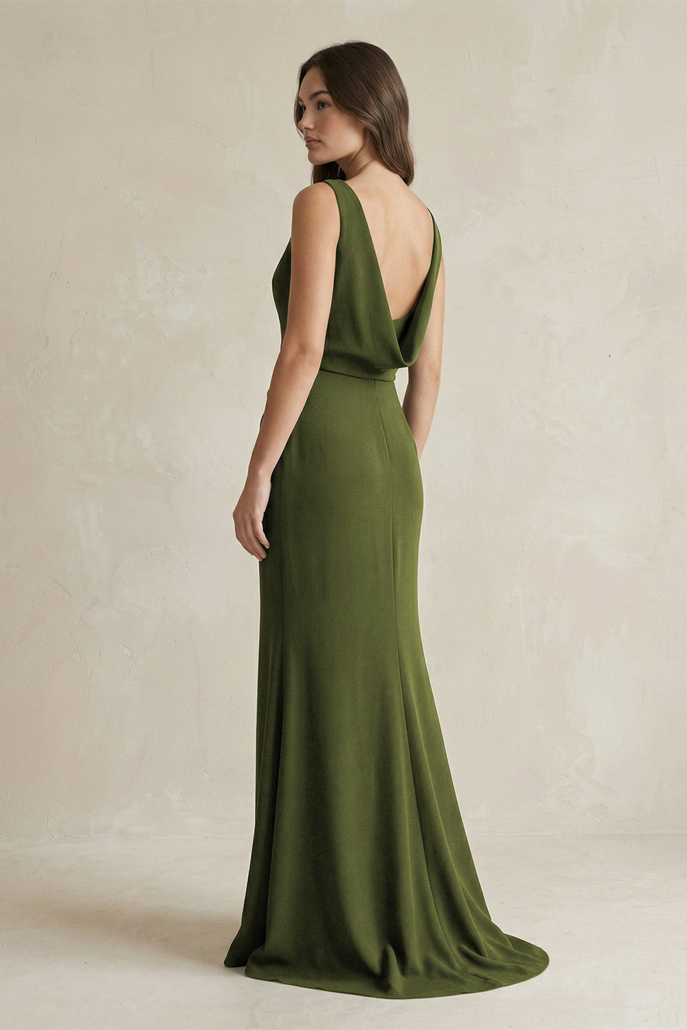V - Neck Sheath Satin Maxi Bridesmaid Dress in Olive - SHE IS ME Bridesmaid Dresses
