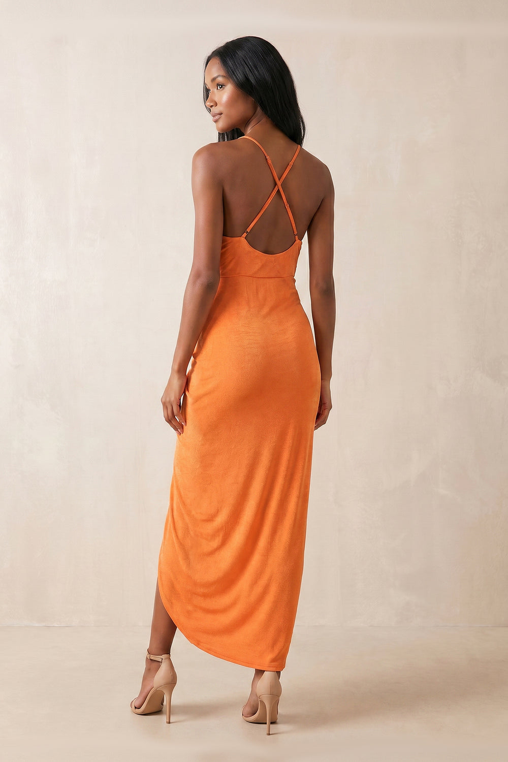V-Neck Sheath Spaghetti Straps Midi Dress in Orange – SHE IS ME Dresses