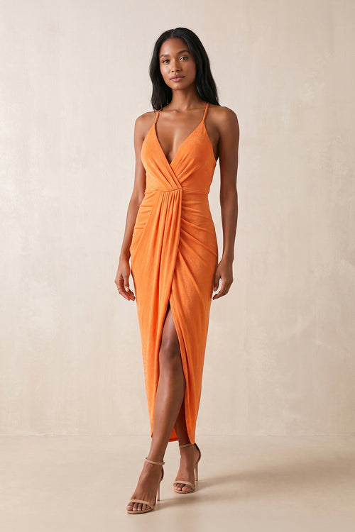 V-Neck Sheath Spaghetti Straps Midi Dress in Orange – SHE IS ME Dresses
