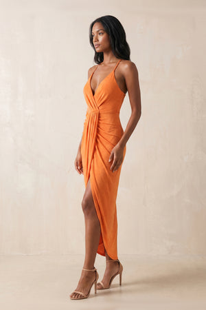 V-Neck Sheath Spaghetti Straps Midi Dress in Orange – SHE IS ME Dresses