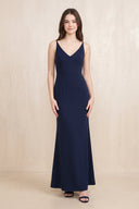 V - Neck Sheath Stretch Satin Maxi Dress in Navy - SHE IS ME Dresses