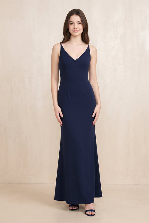 V - Neck Sheath Stretch Satin Maxi Dress in Navy - SHE IS ME Dresses