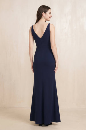 V - Neck Sheath Stretch Satin Maxi Dress in Navy - SHE IS ME Dresses