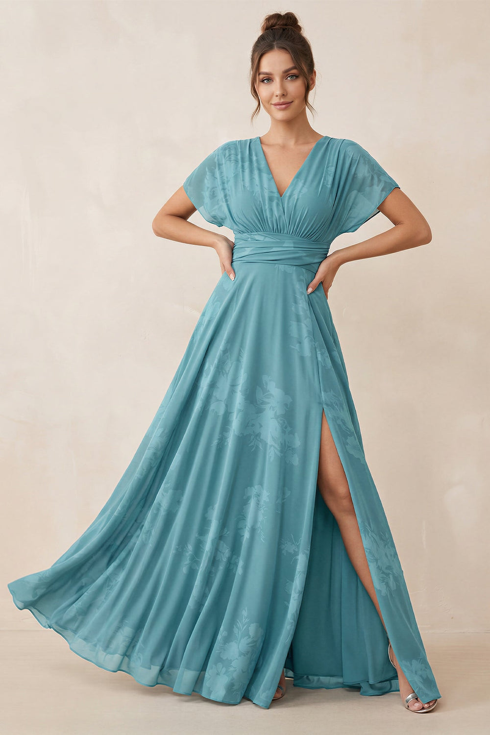 V - Neck Short Sleeve A - Line Floral Chiffon Bridesmaid Dress in Adriatic Blue - SHE IS ME Bridesmaid Dresses