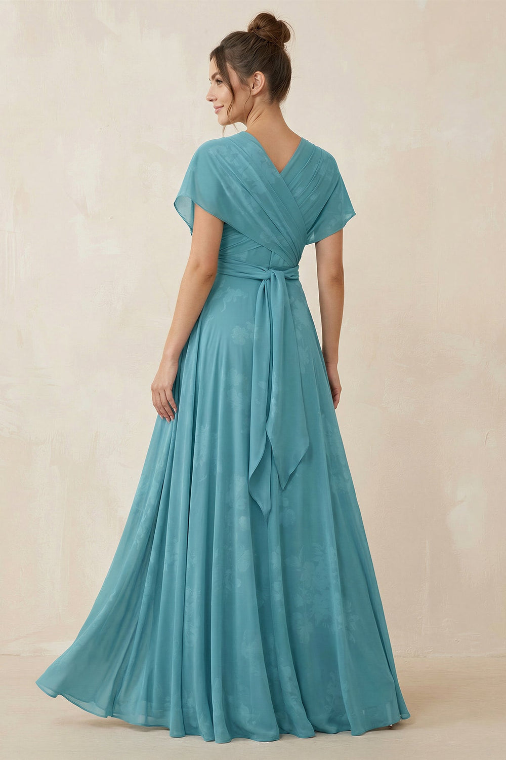 V - Neck Short Sleeve A - Line Floral Chiffon Bridesmaid Dress in Adriatic Blue - SHE IS ME Bridesmaid Dresses