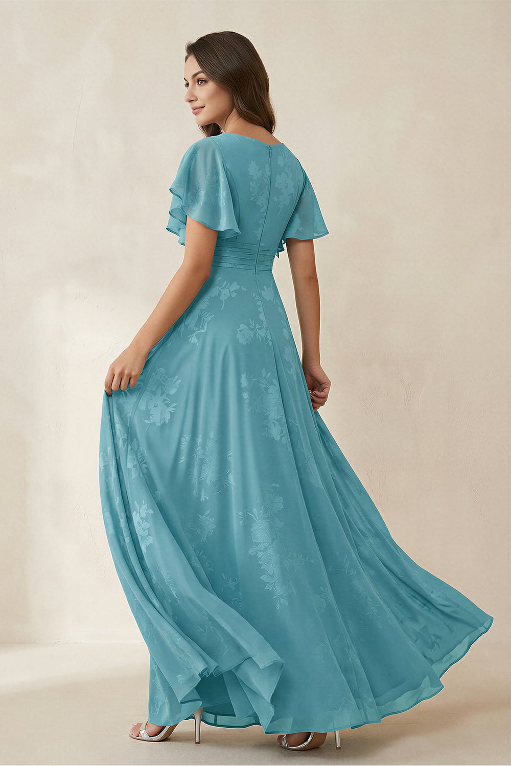 V - Neck Short Sleeve Floral Chiffon A - Line Bridesmaid Dress in Adriatic Blue - SHE IS ME Bridesmaid Dresses