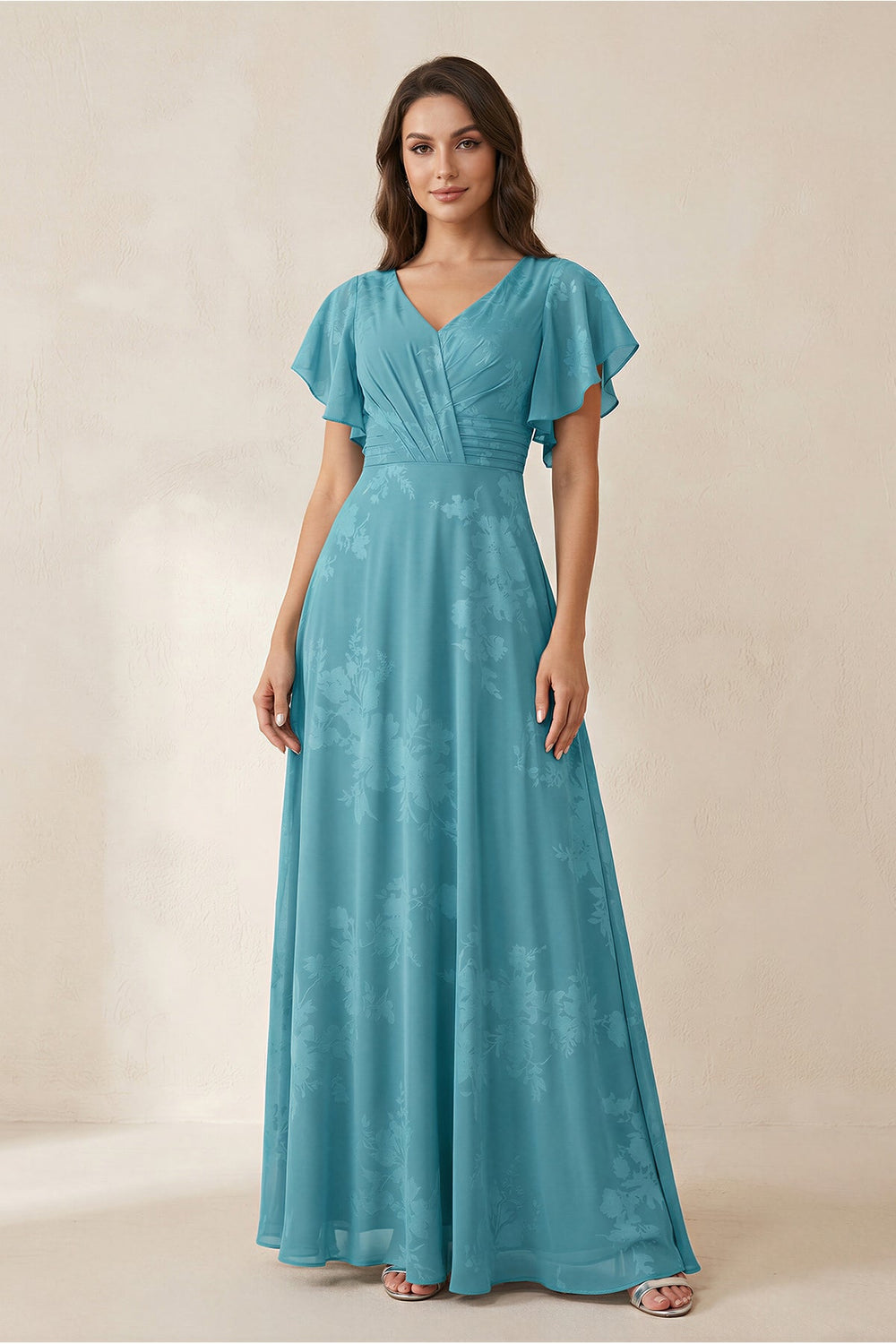 V - Neck Short Sleeve Floral Chiffon A - Line Bridesmaid Dress in Adriatic Blue - SHE IS ME Bridesmaid Dresses