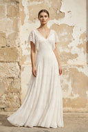 V Neck Short Sleeves A Line Lace Wedding Dress in Ivory - SHE IS ME Wedding Dresses
