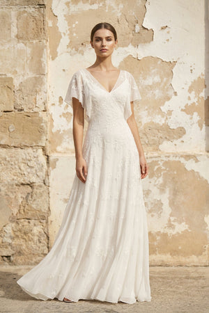 V Neck Short Sleeves A Line Lace Wedding Dress in Ivory - SHE IS ME Wedding Dresses