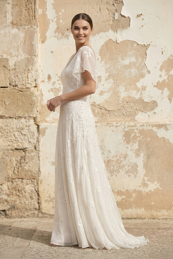 V Neck Short Sleeves A Line Lace Wedding Dress in Ivory - SHE IS ME Wedding Dresses