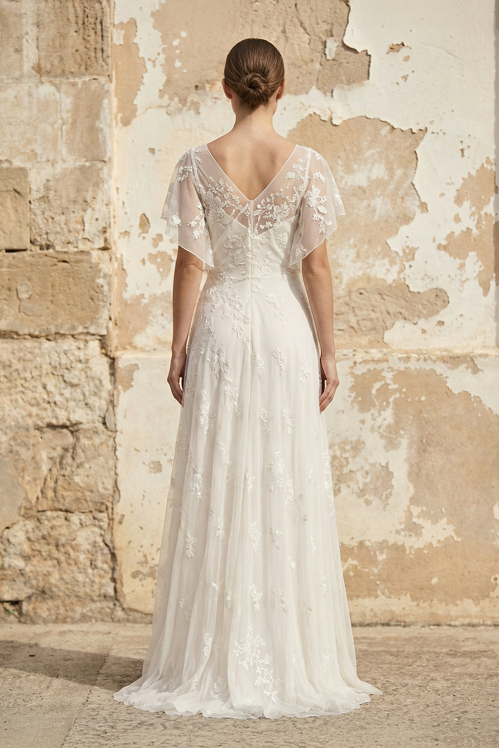 V Neck Short Sleeves A Line Lace Wedding Dress in Ivory - SHE IS ME WEDDING DRESSES