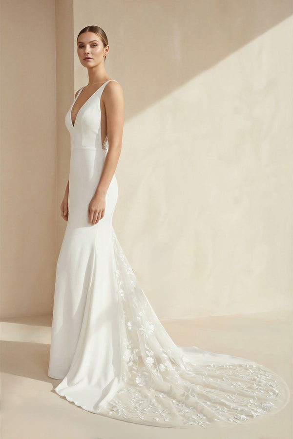 V - Neck Sleeveless Plunging Satin Wedding Dress in White - SHE IS ME Wedding Dresses