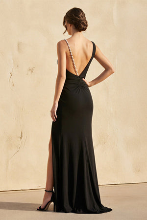 V Neck Slit Maxi Dress With Pearl in Black - SHE IS ME PROM DRESSES