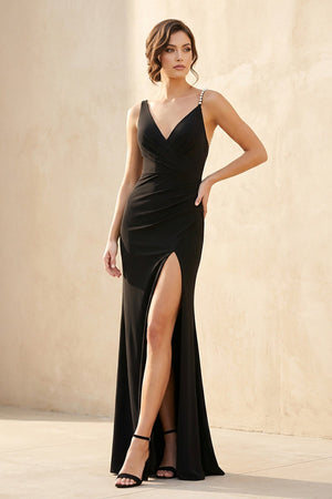 V Neck Slit Maxi Dress With Pearl in Black - SHE IS ME PROM DRESSES