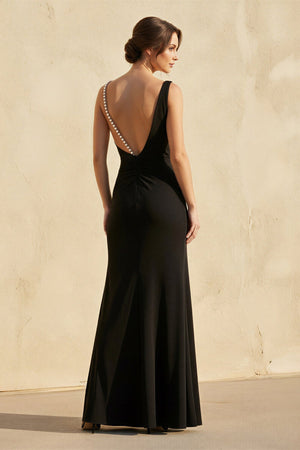 V Neck Slit Maxi Dress With Pearl in Black - SHE IS ME PROM DRESSES