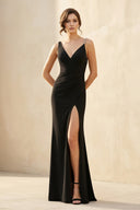 V Neck Slit Maxi Dress With Pearl in Black - SHE IS ME PROM DRESSES