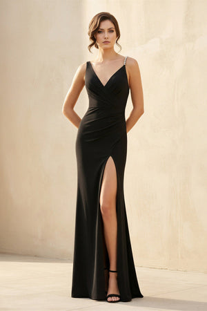 V Neck Slit Maxi Dress With Pearl in Black - SHE IS ME PROM DRESSES