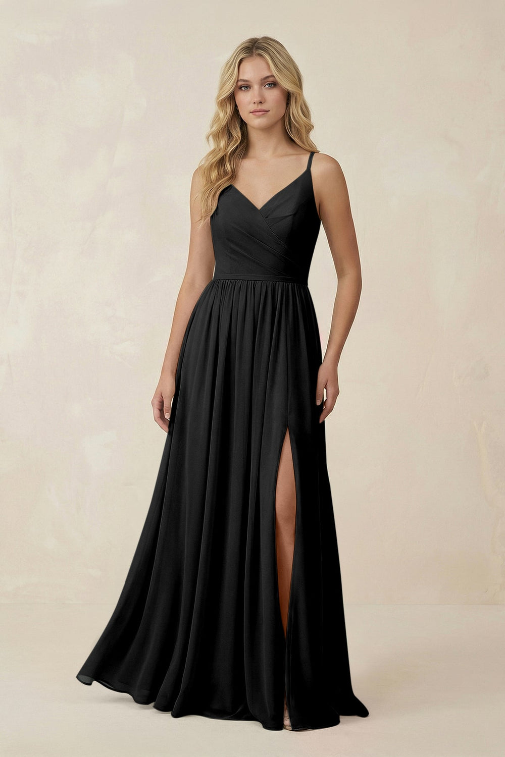 V - Neck Spaghetti Strap A - Line Chiffon Bridesmaid Dress in Black - SHE IS ME Bridesmaid Dresses