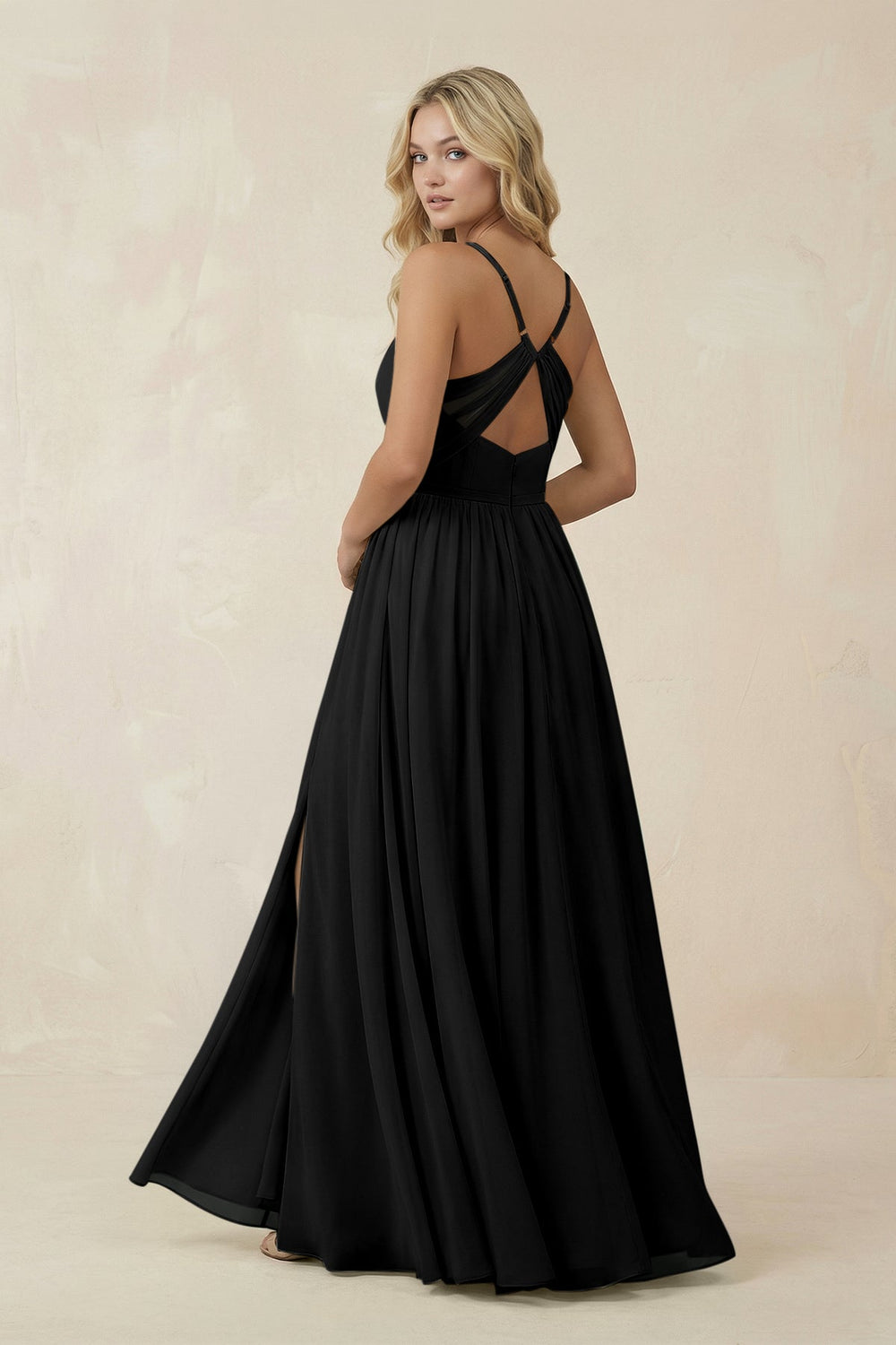 V - Neck Spaghetti Strap A - Line Chiffon Bridesmaid Dress in Black - SHE IS ME Bridesmaid Dresses