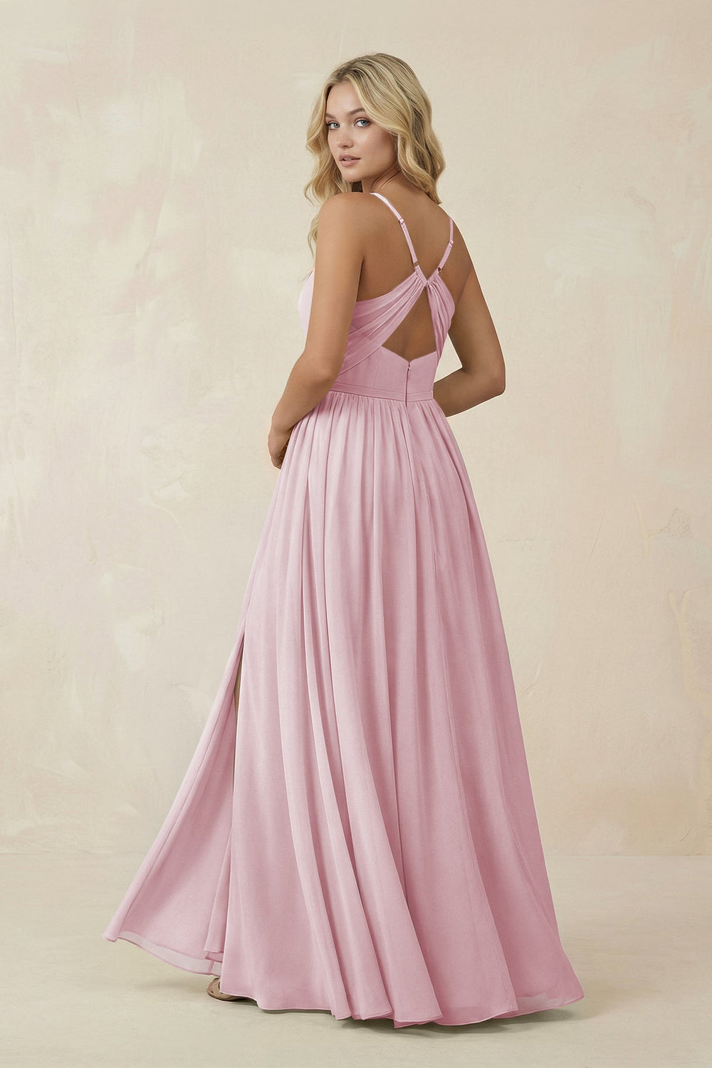 V - Neck Spaghetti Strap A - Line Chiffon Bridesmaid Dress in Candy Pink - SHE IS ME Bridesmaid Dresses