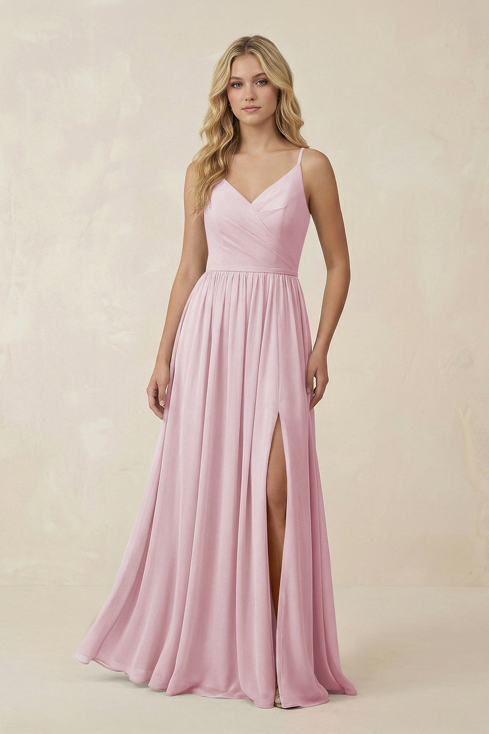 V - Neck Spaghetti Strap A - Line Chiffon Bridesmaid Dress in Candy Pink - SHE IS ME Bridesmaid Dresses