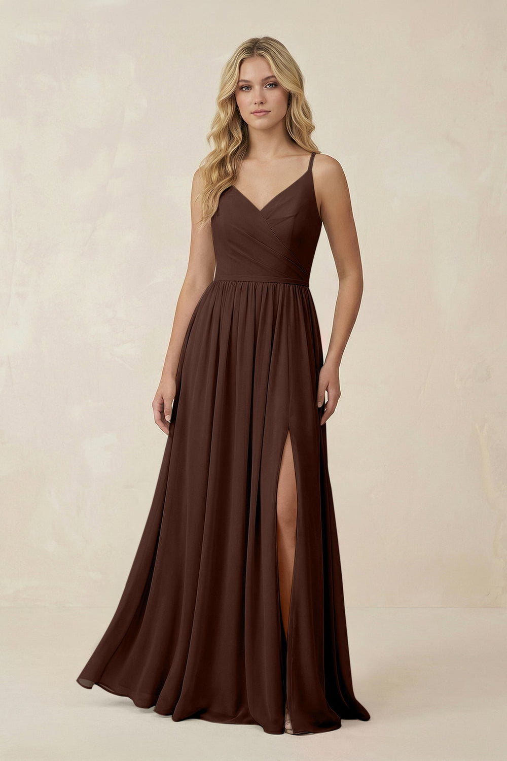 V - Neck Spaghetti Strap A - Line Chiffon Bridesmaid Dress in Espresso - SHE IS ME Bridesmaid Dresses
