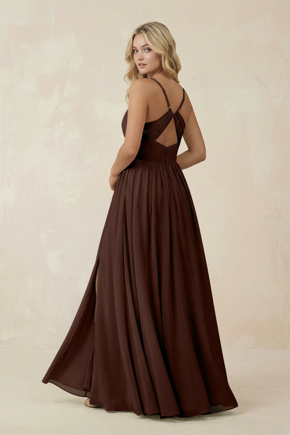 V - Neck Spaghetti Strap A - Line Chiffon Bridesmaid Dress in Espresso - SHE IS ME Bridesmaid Dresses